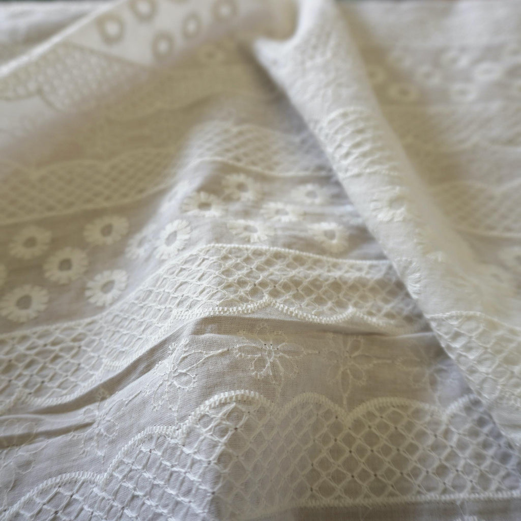 Striped Floral Embroidery Cotton Fabric – Ivory White