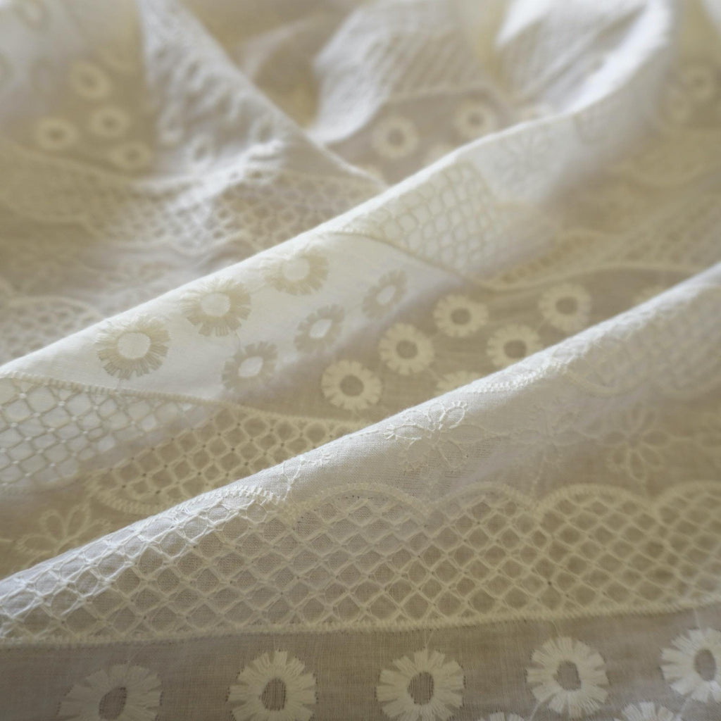 Striped Floral Embroidery Cotton Fabric – Ivory White