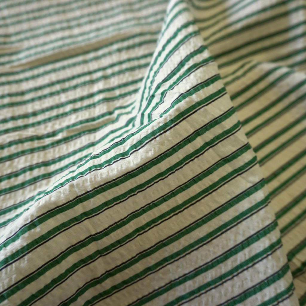 Classic Green Stripe Cotton Seersucker – Lightweight Summer Fabric