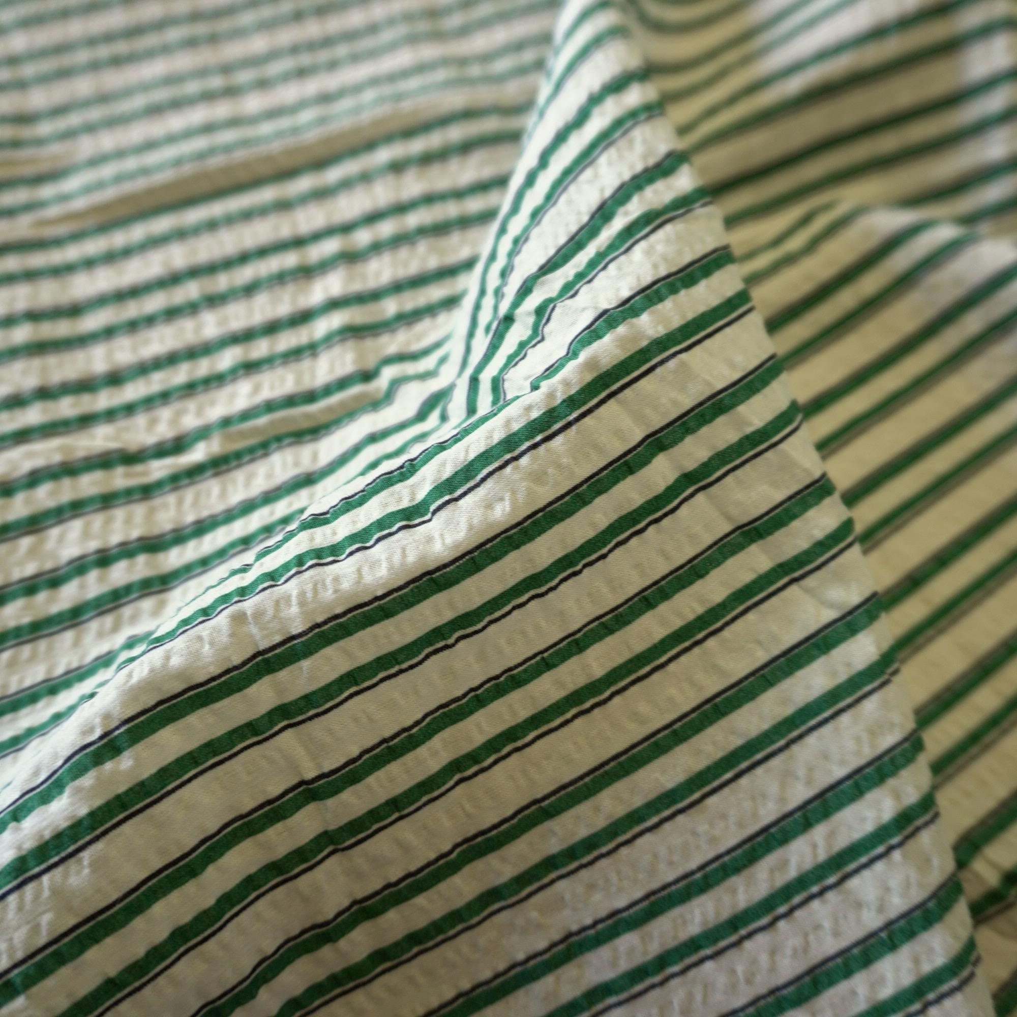 Classic Green Stripe Cotton Seersucker – Lightweight Summer Fabric