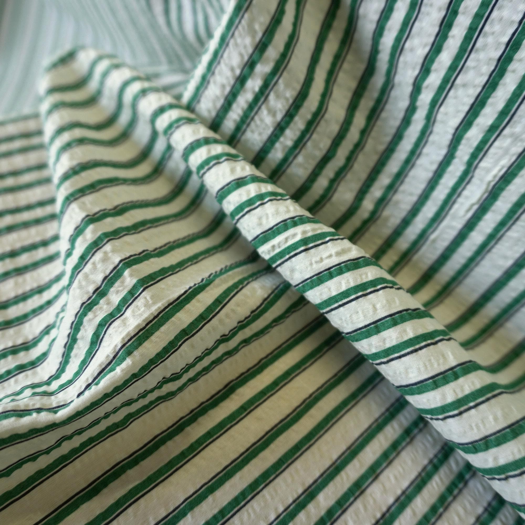Classic Green Stripe Cotton Seersucker – Lightweight Summer Fabric