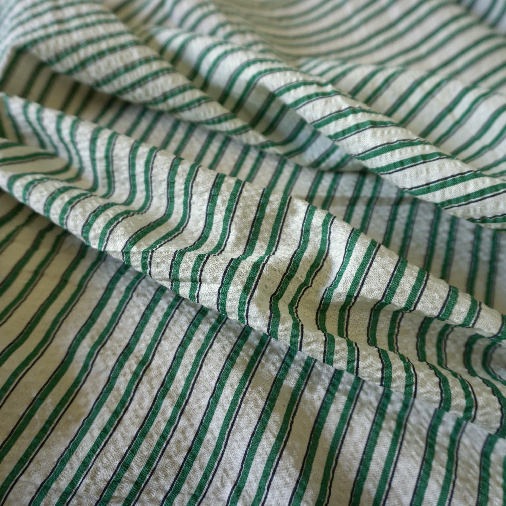 Classic Green Stripe Cotton Seersucker – Lightweight Summer Fabric