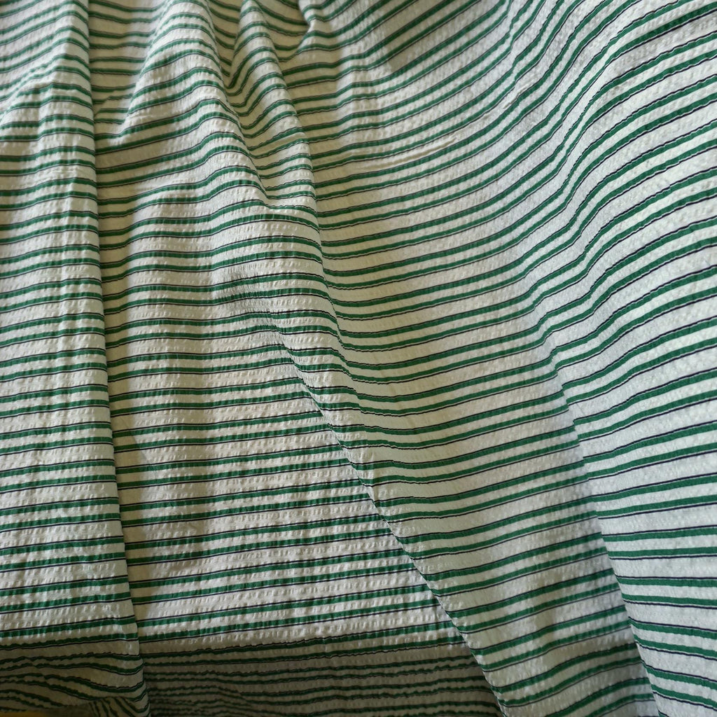 Classic Green Stripe Cotton Seersucker – Lightweight Summer Fabric