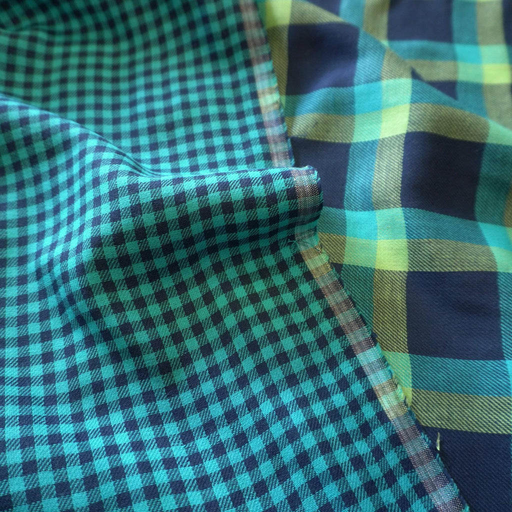 Reversible Brushed Cotton Double Gauze – Navy & Teal Gingham Checks Tartan