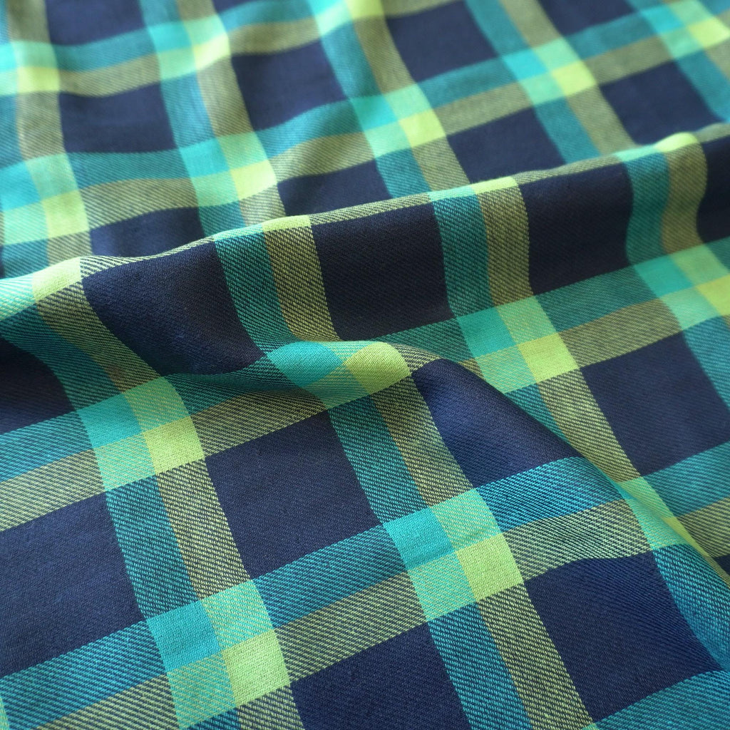 Reversible Brushed Cotton Double Gauze – Navy & Teal Gingham Checks Tartan