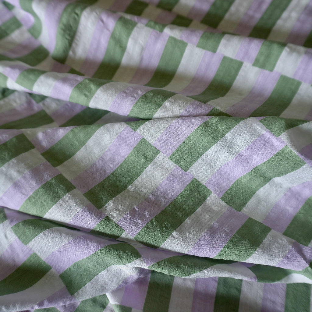 Sage & Lavender Stripe Seersucker – 100% Cotton, 140cm Wide