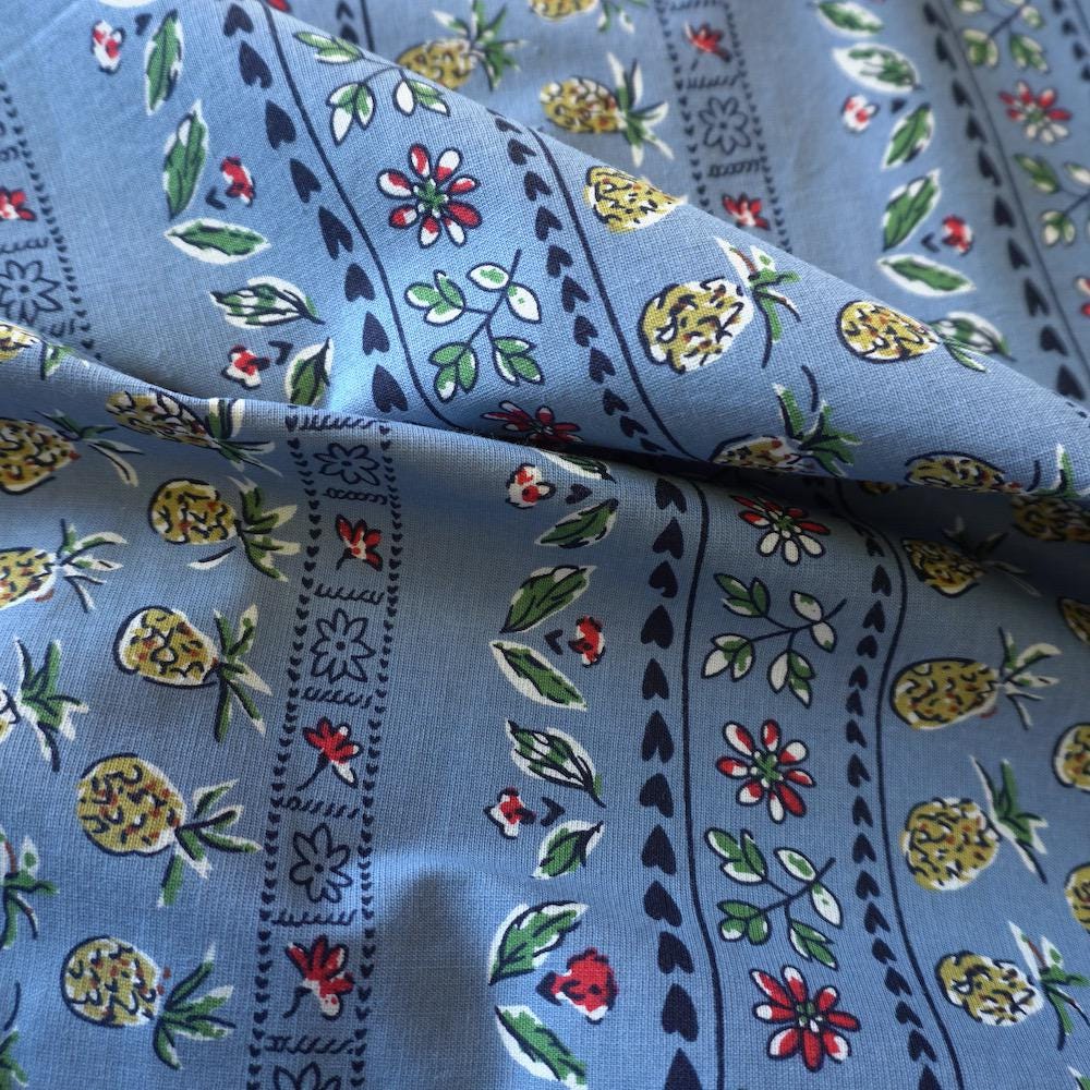 Provençal Pineapple Horizontal Stripe - 2 Way Stretch - Blue