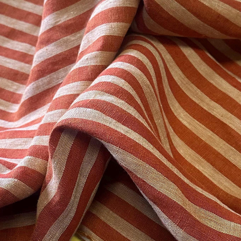Washed Yarn dyed Linen Stripe - Terracotta Red