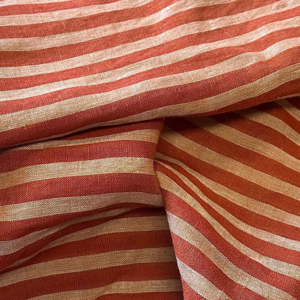 Washed Yarn dyed Linen Stripe - Terracotta Red
