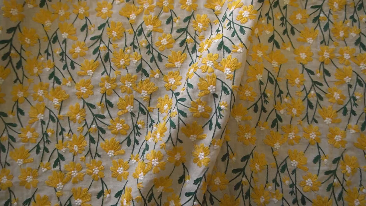 Embroidery Yellow Daisy flower Cotton Linen