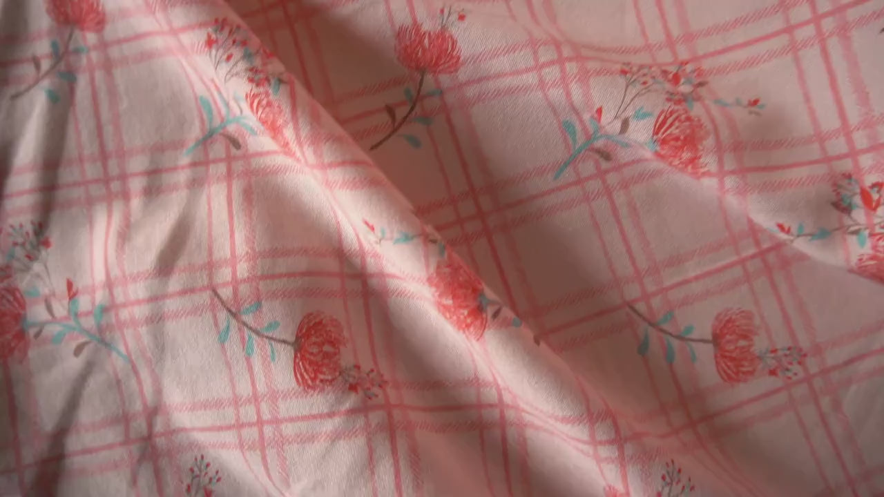 French Terry Fabric - Pink grid with red dandelion