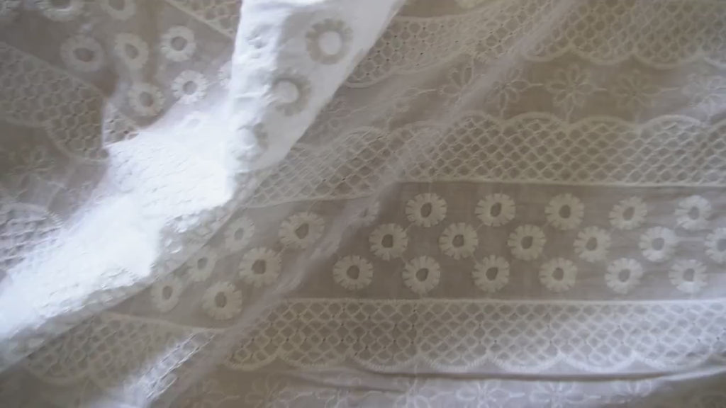 Striped Floral Embroidery Cotton Fabric – Ivory White